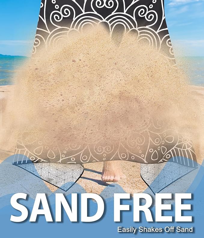 Margelife Sand Proof Microfiber Beach Towels Adult –Quick Fast Dry Beach Oversized Accessories for Travel Swim Pool Yoga Blanket Essentials Lightweight Must Haves Items Women Gifts Black Mandala