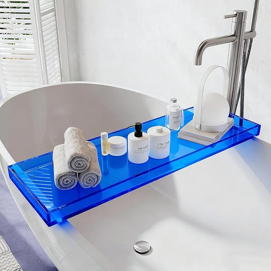 Bathtub Tray Table, Clear Acrylic, Anti-Slip Bath Caddy, (Blue, L32.3″ x W7.87″ x H1.18″)