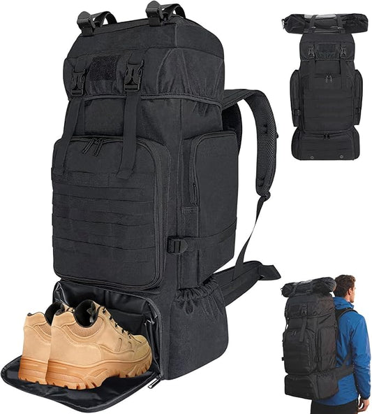 Vaupan 70L Hiking Backpack for Men Women Camping bag with Shoe Compartment Large Military Tactical Backpack, MOLLE Rucksack Sport Travel Backpacking Daypack (Black)