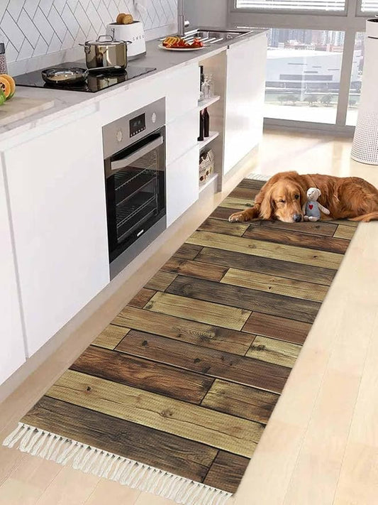 Brown Runner Rug 2X4 Ft Entryway Outdoor Indoor Mat, Washable Woven Vintage Country Wooden Grain Throw Carpet with Tassel, Non-Shedding Farmhouse Cabin Retro Plank Stitching Art Hallway Bath Mats