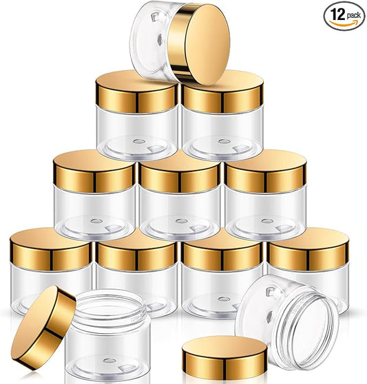SATINIOR 12 Pack 6 oz Plastic Container Jars with Lids Round Clear Travel Cosmetic Container Slime Jars for Toiletries, Lotion, Cream, Ointments, Makeup, Rhinestone, Samples, Kitchen Storage(Gold)