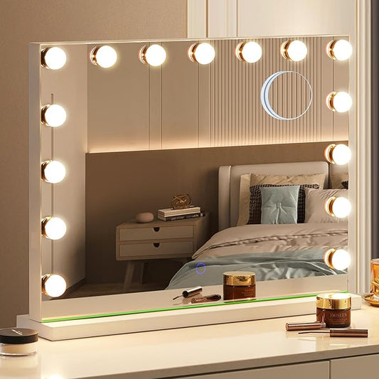 Hollywood Vanity Mirror with Lights, 23"x18" Lighted Makeup Mirror with 10x Magnification for Desk/Wall Mount, 15 Led Bulbs, 3 Lighting Modes for College Dorm, Bedroom, Dressing Room (White)