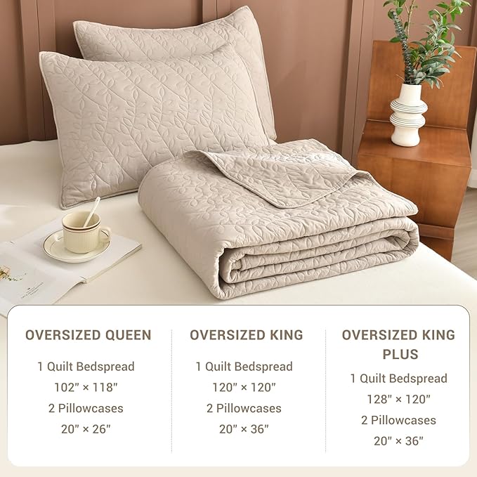 Sanracie Oversized King Quilt Bedspreads 128"*120", 100% Cotton Linen Colored Cal King Quilt Bedding Set Leaves Quilting Extra Wide Large Lightweight 3Pcs Coverlet King Size for All Season