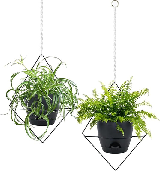Hanging Planters for Indoor Plants, 2 Set Self Watering Hanging Flower Pots, Modern Hanging Plant Baskets with Metal Plant Holder & 6.5 Inch Plastic Pots for Garden Home Decor (Black)