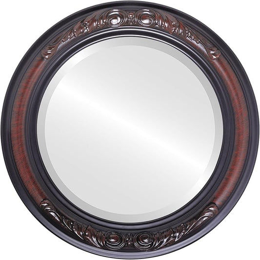 OVALCREST Round Beveled Wall Mirror for Home Decor - Florence Style - Vintage Cherry - 22x22 Outside Dimensions