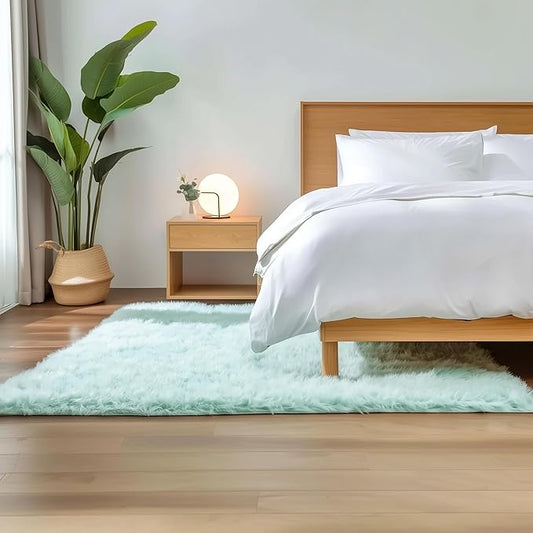 6 x 9 ft Fluffy Mint Green Rug – Large Faux Fur Area Rug for Bedroom, Living Room, or Dining Room – Plush Faux Sheepskin Accent