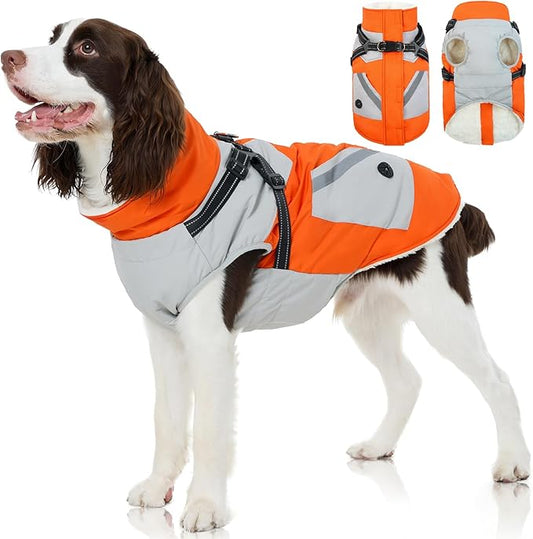 FUAMEY Dog Winter Jackets for Large Dogs,Dog Coat with Harness Built in,Waterproof Dogs Snowsuits Warm Pet Jacket Zip Up Fleece Cold Weather Coats Reflective Safety Pets Hunting Vest Orange XL