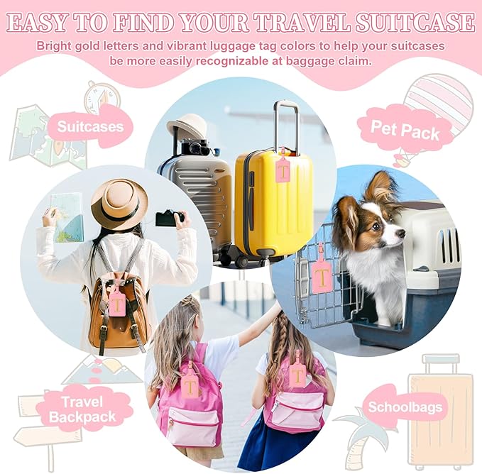 Personalized Initial Luggage Tags for Suitcase, Pink Leather Cute Luggage Tags with Privacy Cover Name Card, Embroidered Custom Monogrammed Luggage Tag Travel Bag Baggage Tags Gifts for Women Kids(T)