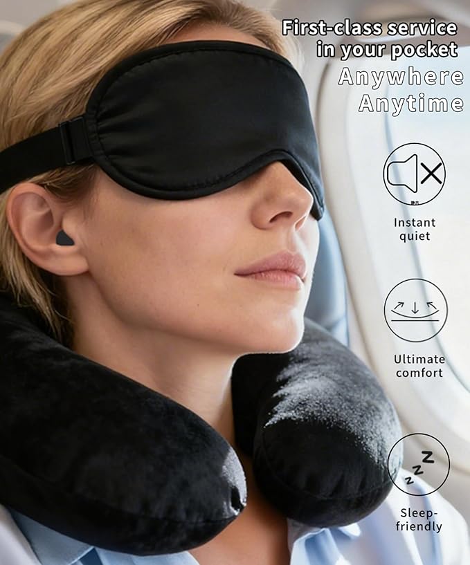 Portable Travel Sleep Comfort Set for Plane 2 Inflatable Travel Pillows,Foot Rest Hammock,Eye Mask Ear Plugs for Airplane Flight Essentials for Seat Airplane Gadgets forSleep Comfort Kit