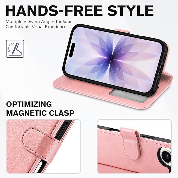 TUCCH Wallet Case for iPhone 17 (6.3") 2025, Wrist Strap | 4 Card Slots | RFID Blocking | Stand | Shockproof TPU Shell | PU Leather | Magnetic | Protective Flip Cover | Rose Gold