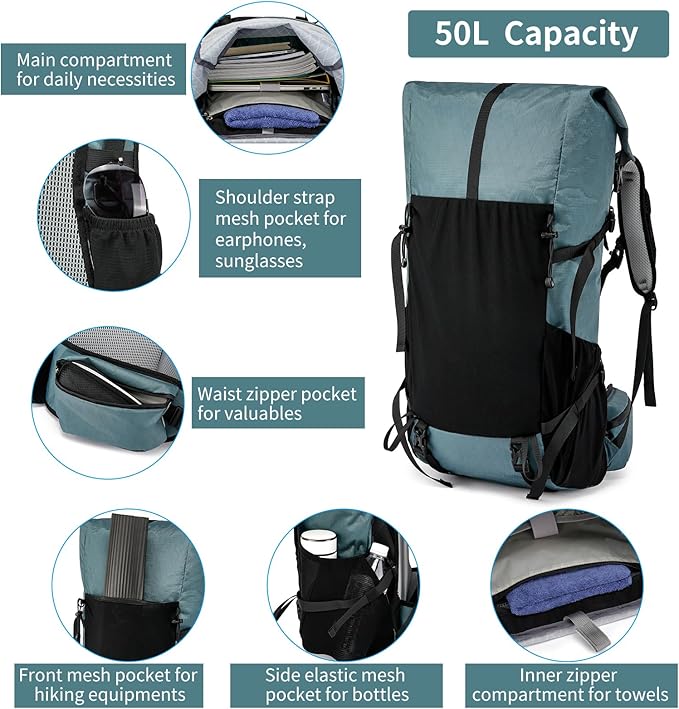 Hiking Backpack,40L to 50L Extra Large Capacity Hiking Bag,Internal Frame Camping Backpack,Upgraded X-PAC Lightweight Sport Daypack Travel Backpack Fit For Mountain Climbing Camping(Grey Green)
