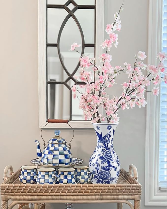 Blue and White Ceramic Vase, 11" Tall Chinoiserie Vase in Wide Mouth, Vintage Blue Flower Vases Decorative Vases for Home Decor, Table Centerpiece, Living Room, Dining Room, Entryways Decor