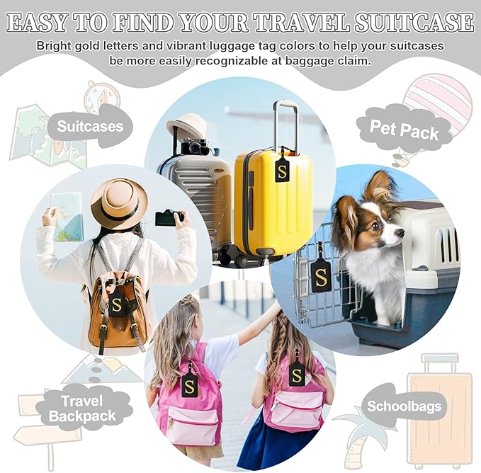 Personalized Initial Luggage Tags for Suitcase TSA Approved, Black Leather Cute Luggage Tag with Privacy Cover Name Card, Embroidered Custom Luggage Tags Travel Backpack Tags Gifts for Women Kids(S)