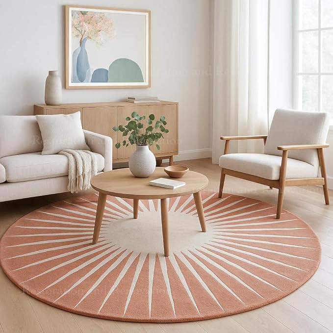 Modern Round Area Rug – Hand-Tufted with 100% NZ Wool, Thick & Soft Circular Carpet for Living Room, Bedroom & Dining Room Decor (Soft Pink, 7' Round)