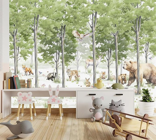 Kids Wallpaper Green Forest Animal Wall Mural for Children's Room Nursery Bedroom（Not Peel and Stick）