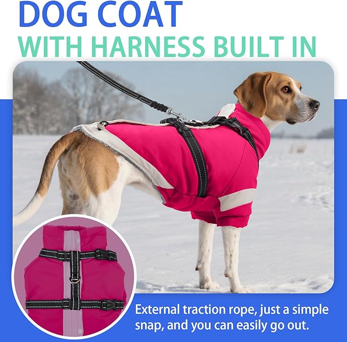 MIGOHI Waterproof Dog Coat with Harness Adjustable Dog Jacket Pet Winter Coat with Zipper,Christmas Small Fleece Jacket for Small Dogs,Extra Long Sleeves Warm Winter Snowsuit for Dogs,M,Rosered