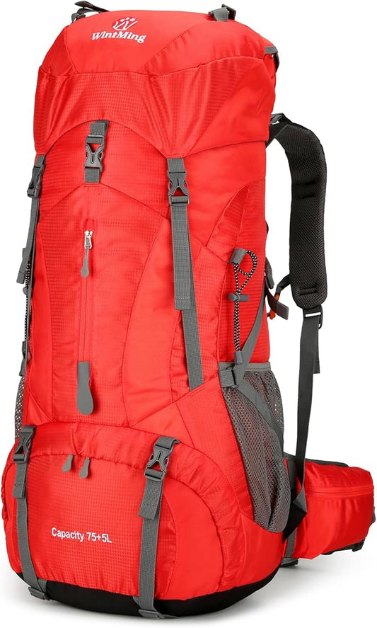 Hiking Backpack for Men and Women 70L+5L Waterproof Lightweight Camping Daypack with Rain Cover for Outdoor Travel Mountaineering - Frameless (Red)