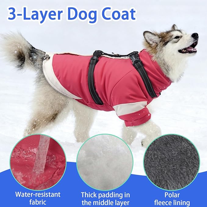 MIGOHI Rainproof Dog Winter Jacket with Harness,XXL Large Fleece Dog Coat with Sleeves,Adjustable Pet Puffer Jacket Snowsuit Cold Weather Coats for Golden Labrador Retriever,XXL,Pink