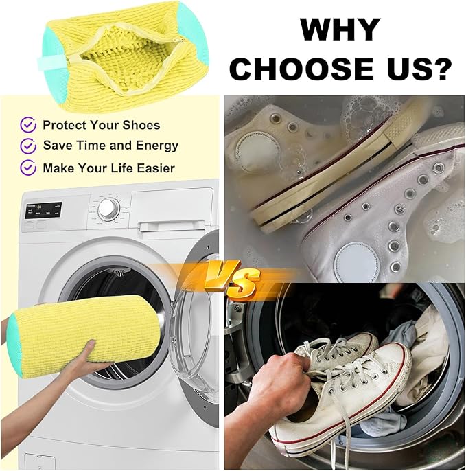 Shoe Washing Machine Bag - Laundry Shoe Bag (2-Pack) Includes 3 Laundry Bags, Reusable, Washer & Dryer Safe, 360° Deep Cleaning for All Shoe Types, Self-Locking Zipper(Yellow)