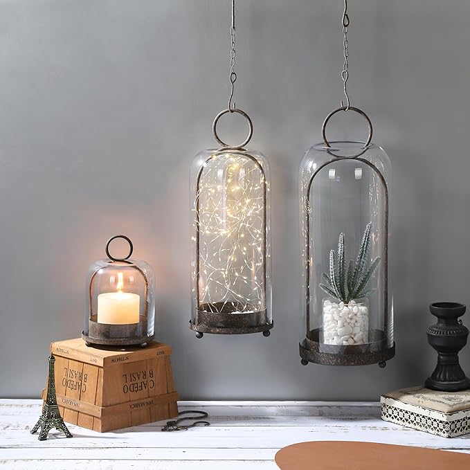 5"x7.5" Versatile Modern Metal Hurricane Lantern with Handmade Sturdy Glass Dome in Rustic Brown for 3" Pillar Candle & Plants, Industrial, Farmhouse, Shabby Chic (Brown, 5"x7.5" for 3" Pillar)