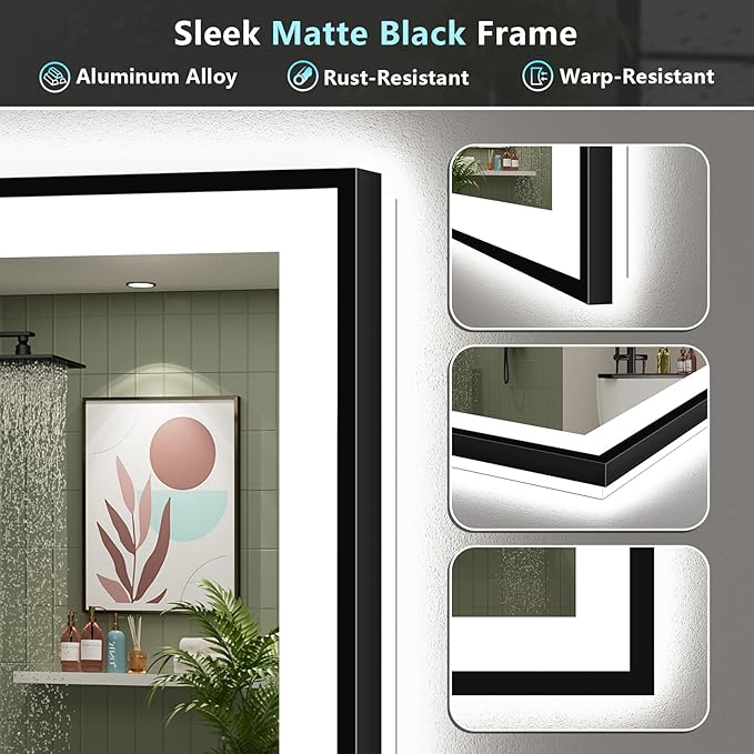 48x38 Black Framed LED Bathroom Mirror with Lights, Backlit + Front Lit, Anti-Fog Lighted Vanity Mirror for Bathroom Wall with 3 Colors, Dimmable, Memory, Tempered Glass, Horizontal/Vertical