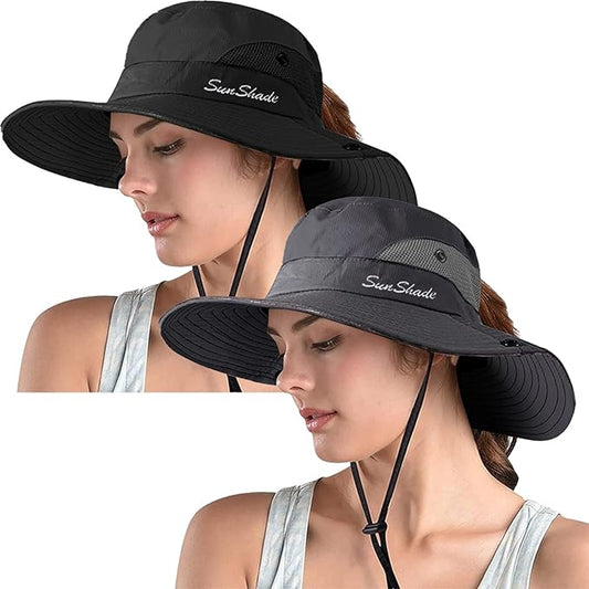 ZOORON Women's Ponytail Safari Sun Hat,Wide Brim UV Protection Outdoor Bucket Hat,Foldable Beach Summer Fishing Hat
