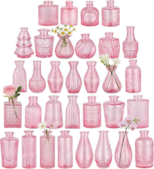 BEAHOT 32 Pack Pink Bud Flower Vase in Bulk,Mini Vintage Glass Bud Vases for Centerpieces,Wedding Decor,Party & Home Decaration,Mother's Day (Pink)