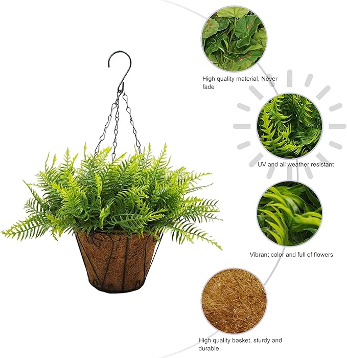 Towallmark Hanging Planters with Plant Hangers 2-Pack Artificial Green Fern 25CM Straight Coconut Fiber Baskets with Sturdy Iron Hanging Chains