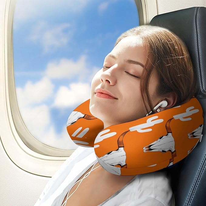 Luxurious Memory Foam U-Shape Pillow, Longhorn Cattle Cow Texas Skull Cactus U-Shaped, Neck & Head Support for Travel Airplane Office Sleep, Washable Cover Comfort