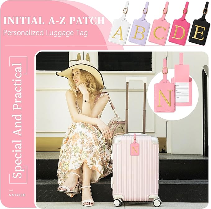 Personalized Initial Luggage Tags for Suitcase, Pink Leather Cute Luggage Tags with Privacy Cover Name Card, Embroidered Custom Monogrammed Luggage Tag Travel Bag Baggage Tags Gifts for Women Kids(N)