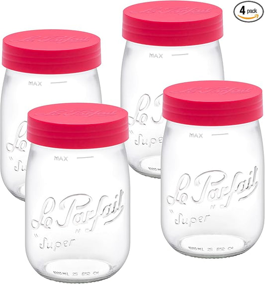 Le Parfait Screw Top Jar Wide Mouth French Glass Jar | Ideal for Food and Soup Storage, Canning, Flour, Brown Sugar, and other Baking Supplies (1L/32oz, Pack of 4, Raspberry)