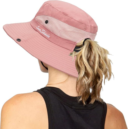 Women's Outdoor UV-Protection-Foldable Sun-Hats Mesh Wide-Brim Beach Fishing Hat with Ponytail-Hole