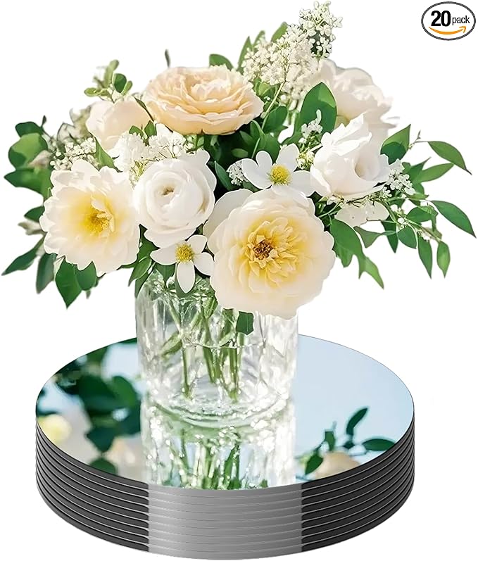 20 Pack Round Mirror Centerpieces for Tables, No Glass AcrylicCircle Mirror Table Centerpieces Mirror Tray Candle Plates for Wedding Table DecorationChristmas Home Decor (12inch)