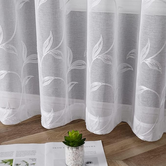 VISIONTEX White Sheer Curtains 120 Inches Long 2 Panels Set Embroidered Floral Leaf Pattern Rod Pocket Semi Sheer Voile Window Curtains/Drapes for Bedroom Living Room 54 x 120 Inches
