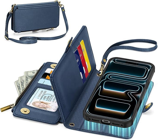 TUCCH Crossbody Detachable Wallet Case for iPhone 17 Pro 6.3" 2025, 9 Card Holders RFID Blocking, Wireless Charging, Stand, Wrist Strap, Lanyard, Zipper Pocket, PU Leather Shockproof Cover, Dark Blue