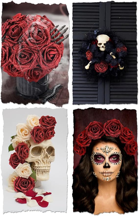 N&T NIETING Artificial Flowers Glowing Red Flowers Foam 50pcs Glitter Roses Real Looking Fake Roses with Stem for DIY Wedding Bouquets Centerpieces Bridal Shower Party Mother's Day Home Decorations