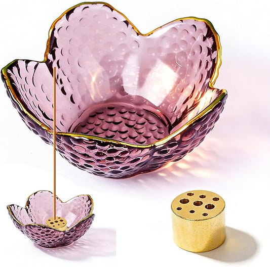 Incense Holder for Sticks and Backflow Incense Handmade Glass Cherry Blossom Incense Stick Holder with 9 Incenses Holes (Upgraded & Larger Cherry Blossom with Gilt-Edged)