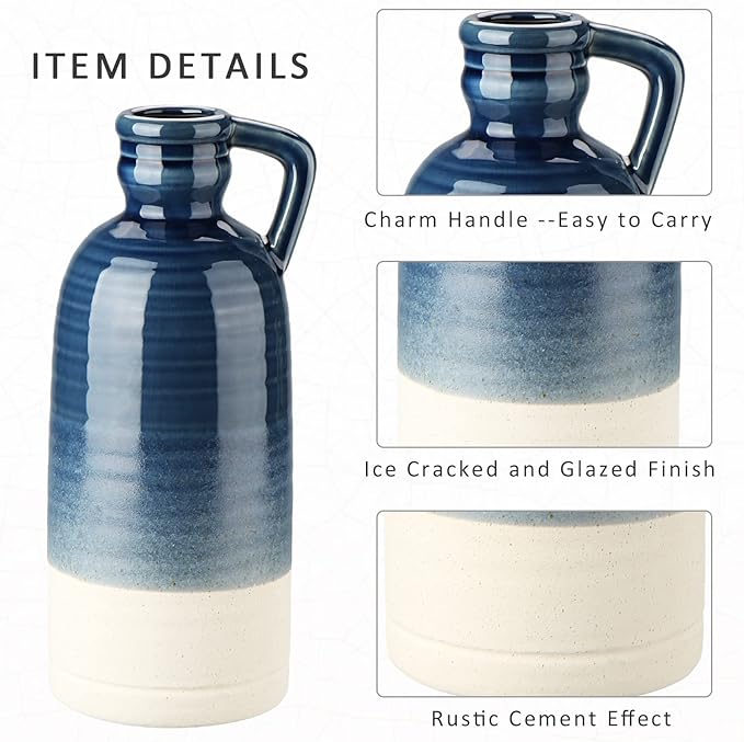 12.5" Blue Ceramic Vase for Home Decor Large Decorative Vase Boho Pottery Bud Vase for Flowers Rustic Farmhouse Tall Single Flower Vase for Centerpieces Pampas Grass