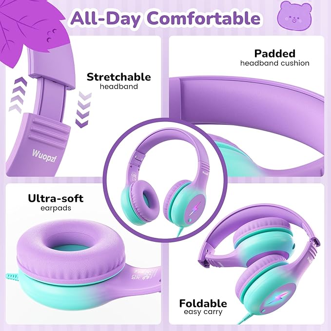 Kids USB C Headphones for School, 2025 Upgrade Safe Listening Wired Over-Ear Headphones with LED Lights, Volume Limiter & Microphone, Foldable Design for iPhone 16, iPad, Tablet (Green Purple)