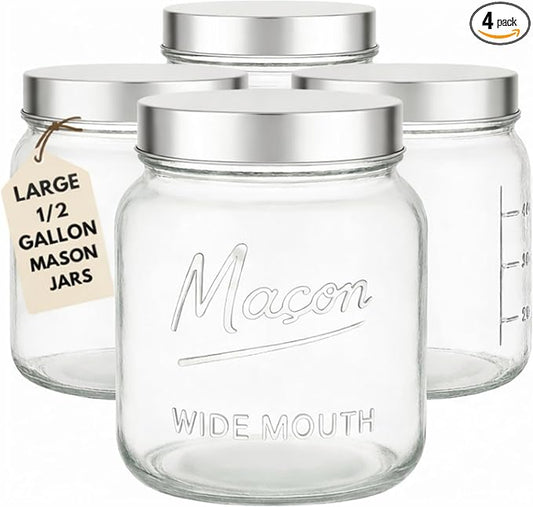 Kitchentoolz Half Gallon Glass Mason Jars with Extra Wide Mouth & Metal Lids - Airtight Food Storage & Canning Jars with Measurement Markings - 64 oz (4pk)