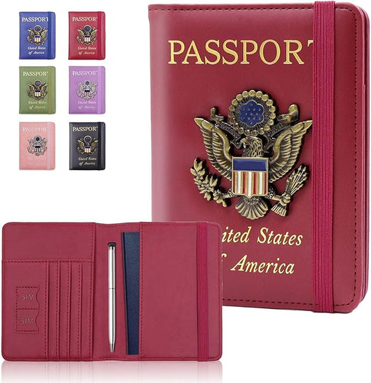 Cnycmy Passport Holder for Travel, Pu Leather Travel Wallet, RFID Blocking, Metal United States Coat of Arms, Waterproof cover for Family (Burgundy)