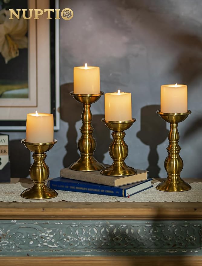 NUPTIO Gold Candle Holder for Table: Tall Brass Candleholder Decorative for Pillar Candles - Metal Vintage Stand for Christmas New Year Fireplace Table Centerpiece Set of 2 (S+L)