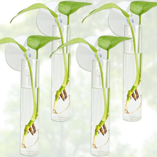 4PCS Wall Hanging Planter Propagation Stations, Plant Tube with Suction Cup Hook, Test Tube Propagation Station Wall Clear Plant Vase No Nails with Bottle Brush Flower Plant Terrarium