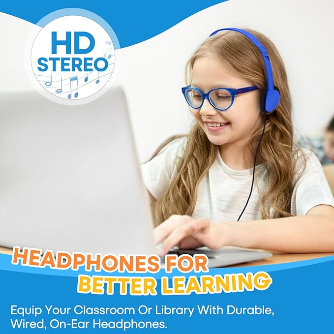 Bulk Earbud Headphones 50 Pack for School Classroom Kids, Wholeslae Wired Durable Earphones Class Set for Students Children Toddler Teens Boys Girls and Adult (HY857,50 Blue)