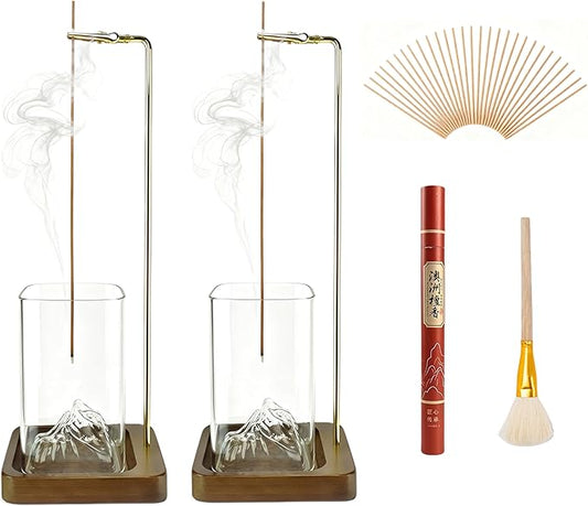 Bamboo-Wood Incense Holder for Sticks, Anti-Ash Flying Burner with 40 Incense Sticks & Removable Glass Ash Catcher, Home Decor for Meditation Yoga Spa (2)