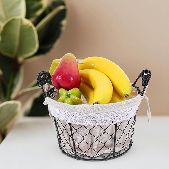 Wire Basket with Handle and Fabric Liner, round Metal Storage Basket for Fresh Eggs and Bread, Rustic Iron Wire Organizer for Kitchen and Home Use
