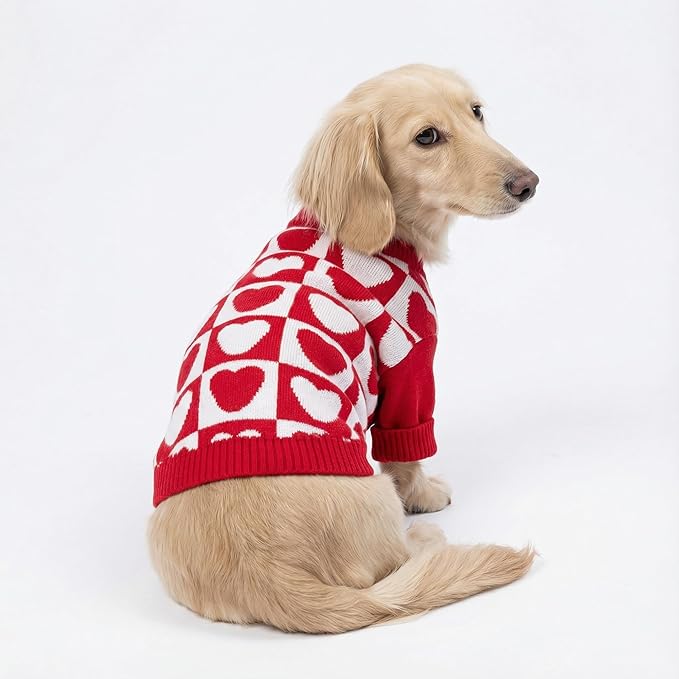 Fitwarm Checkered Heart Dog Sweater, Cozy Valentines Outfit for Small Dogs Girl, Festive Pet Clothes, Red, White, Large
