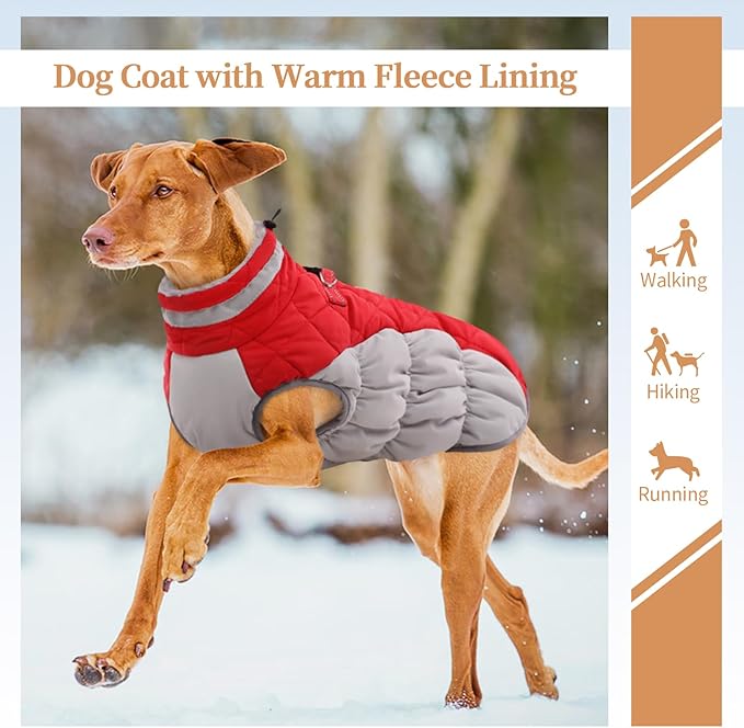 OUOBOB Dog Coats for Large Dogs,XL Dog Coat,Warm Fleece Winter Coat with D-Ring,Back Zipper Pet Jacket for Large Dogs,Waterproof Pet Snow Jacket Clothes Snowsuit Beagle Corgi Border Collie,Red,XL