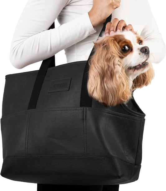 Faux Leather Dog Carrier for Small Dogs, Water-Resistant Designer Dog Purse with Safety Harness, Fashion Pet Carrier for Dogs 5-15 lbs, Luxury Dog Shoulder Carrier, Woven Black