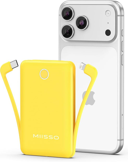 miisso 10000mAh Mini Portable Charger with Built in Cable, Pocket Size Power Bank Travel External Battery Pack for Phone, 3 Output USB Type C Cord Clutch Compatible with iPhone, Samsung, Yellow